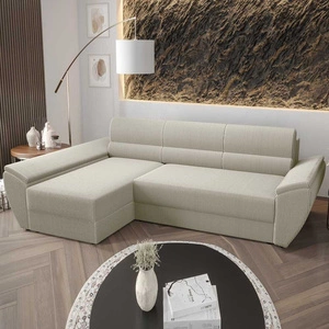 Ecksofa mit Schlaffunktion Fogu III elfenbeinfarben links stilvolles Ecksofa mit Armlehnen Container für Bettzeug Kordstoff