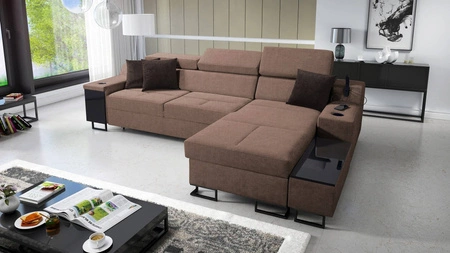 Ecksofa mit Schlaffunktion Alcamo hellbraun rechts Ecksofa elegant und stilvoll mit einer praktischen Schublade in der Seite des Möbels