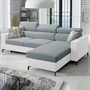 Ecksofa mit Schlaffunktion Savona arktisch blau / weiß rechts elegantes Ecksofa mit verstellbaren Kopfstützen Ziernähte