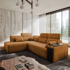 Ecksofa mit Schlaffunktion Tesalia VII Honig links modernes Design komfortable Schiebe-Rückenlehne Schublade in der Seite des Möbels