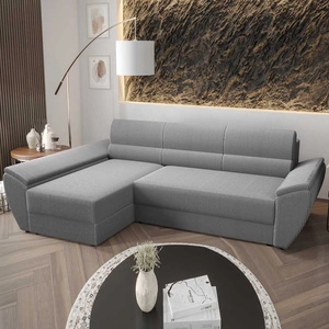 Ecksofa mit Schlaffunktion Fogu III grau Esche links Stilvolles Ecksofa mit Armlehnen Container für Bettzeug Kordelstoff