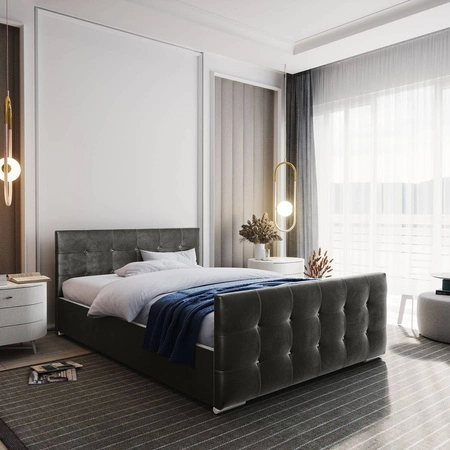 Polsterbett Alford 180x200 grau mit Container im modernen skandinavischen Stil mit gestepptem Kopfteil und Fußteil mit Kristallen
