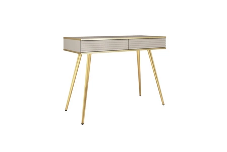 Konsole mit Schubladen Luxury beige eleganter Schminktisch mit kannelierten Fronten hohen goldenen Beinen Körper mit goldenen trim gekrönt