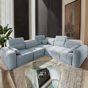 Ecksofa mit Schlaffunktion Cetara III blau links Ergonomisches Ecksofa mit verschiebbarer Rückenlehne und verstellbaren Kopfstützen