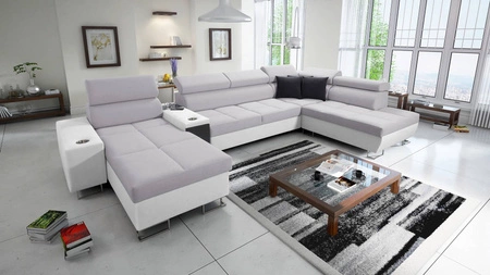 Ecksofa mit Schlaffunktion Dafni V Esche grau / weiß links geflochten komfortables und bequemes Ecksofa mit verstellbaren Kopfstützen