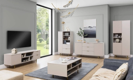 Kommode mit Schubladen Sula 150 cm beige elegante und funktionelle Kommode mit dekorativen geriffelten Fronten und Metallgriffen