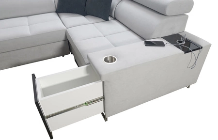 Ecksofa mit Schlaffunktion Dafni II elfenbeinfarbener/weißer Samt, rechtes Ecksofa mit Bettzeugablage und Schublade in der Seitenwand