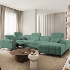 Ecksofa mit Schlaffunktion Penejos IV Lux grün rechtsseitiges stilvolles Ecksofa mit bequemer ausziehbarer Fußstütze