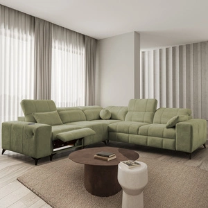 Ecksofa mit Schlaffunktion Penejos III Lux oliv links bequemes Ecksofa für das Wohnzimmer mit ausziehbarem Fußteil Bettwäschecontainer