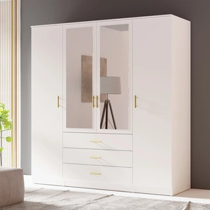 Kleiderschrank Adel 200 cm weiß elegantes Design geräumiger Kleiderschrank mit Spiegel und Schubladen ideal für Schlafzimmer oder Flur goldene Griffe