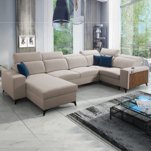 Ecksofa mit Schlaffunktion Kelly IV hellbeige links Samt komfortables Ecksofa verstellbare Kopfstützen seitlich mit Lamellen eingefasst