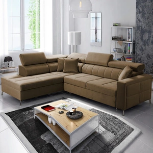 Ecksofa mit Schlaffunktion Nausa III hellbraun linksseitig Samt stilvolles bequemes Ecksofa verstellbare Kopfstützen Container für Bettzeug