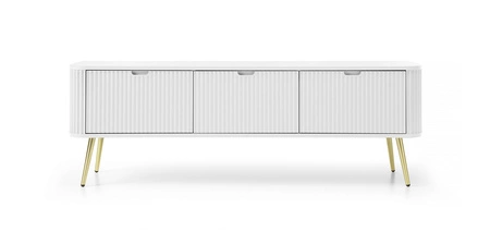 RTV Schrank Zoya 168 cm weiß modernes Design massiv auf goldenen Beinen geriffelte Front charakteristische ovale Form gesetzt