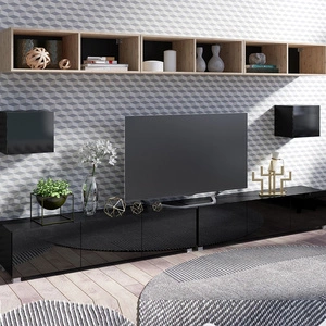 Möbelwand Apulia XXXIV schwarz glänzend / Eiche artisan eine außergewöhnlich stilvolle Möbelwand einfache Elemente, die in jedes Interieur passen