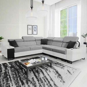Ecksofa mit Schlaffunktion Alcamo III grau / weiß rechts Funktions-Ecksofa mit einer Schublade in der Seite zwei Behälter für Bettzeug