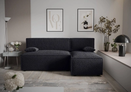 Ecksofa mit Schlaffunktion Brandon schwarz rechte Seite weicher Stoff mit charakteristischer Schlingenoberfläche Bettzeugbehälter