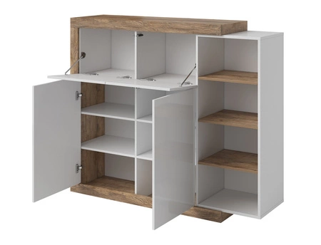 Hochkommode Sintra 151 cm Eiche samdal / weiß glänzend originelles Design Kommode für Wohnzimmer mit interessanter Form push to open system