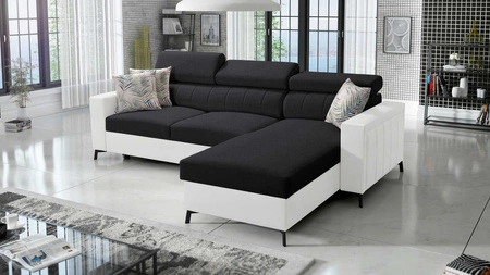 Ecksofa mit Schlaffunktion Savona schwarz / weiß rechts elegantes Ecksofa mit verstellbaren Kopfstützen Ziernähte 