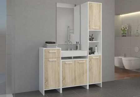 Badezimmerschrank Mela 34 cm weiß / Eiche sonoma eleganter Badezimmerschrank mit Schublade resistent gegen Dampf und Auslaufen