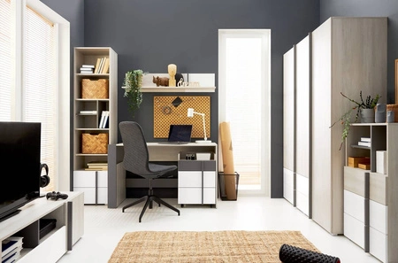 Schreibtisch Remona 130 cm Eiche wilton weiß / weiß / anthrazit mit einem Schrank auf Rollen stilvoll und funktional für das Büro, Arbeitszimmer oder Jugendzimmer