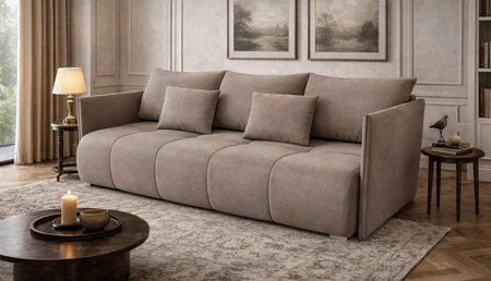 Sofa mit Schlaffunktion Selva dunkelbeige Funktionssofa für das Wohnzimmer mit Bettzeugbehälter aus Stoff mit Plüschoberfläche
