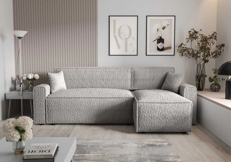 Ecksofa mit Schlaffunktion Brandon Bis grau Esche rechte Seite weicher Stoff mit charakteristischer Schleifenoberfläche Bettzeugbehälter