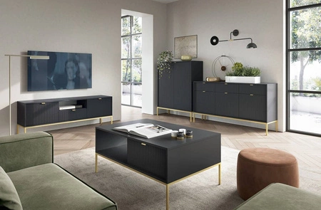 Kommode mit Schubladen Lovro 154 cm schwarz modernes Design wird Liebhaber von ausdrucksstarken Interieurs geriffelte Fronten Gold Zubehör begeistern