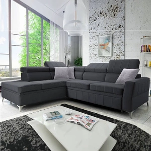 Ecksofa mit Schlaffunktion Rava III graphit links Samt komfortables Ecksofa mit verstellbaren Kopfstützen und einem Bettzeugbehälter