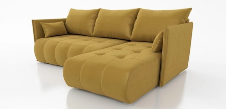 Ecksofa mit Schlaffunktion Selva senfgelb universal seite Ecksofa mit Bettzeugablage aus bequemem Plüschstoff