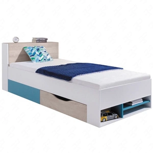 Bett mit Schublade Niko 90x200 cm weiß / Eiche / marine modernes Bettdesign ausziehbare Regale im Kopfteil