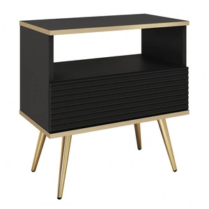 Nachttisch mit Schublade Luxury schwarz elegantes Design Schrank mit Gold trim Schrank mit kannelierten Front Gold hohe Beine gekrönt