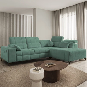 Ecksofa mit Schlaffunktion Penejos VII grün rechtsseitig stilvolles Ecksofa mit Bettzeugablage komfortable verstellbare Kopfstützen