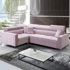 Nausa II Ecksofa mit Schlaffunktion puderrosa links Samt Ziernähte auf der Sitzfläche Ecksofa mit Bettzeugbehälter