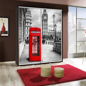 Artistino 155 cm Schiebeschrank mit London-Grafik wengefarbener Schrankkorpus aus 22 mm starker Platte