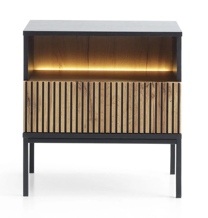 Nachttisch mit Schublade Amma schwarz / Eiche wotan geschmackvolles geriffeltes Dekor LED Beleuchtung idealer Schlafzimmerschrank