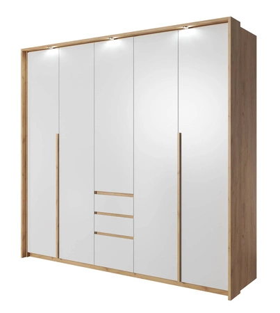 Kleiderschrank Novi 229 cm Eiche handwerklich gold / weiß Funktionsmöbel klassische Form idealer Kleiderschrank für Schlafzimmer oder Ankleidezimmer LED-Beleuchtung