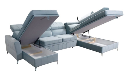 Ecksofa mit Schlaffunktion Rava VI azurblau links praktisches und modernes Ecksofa mit einer Multifunktionslampe ausgestattet