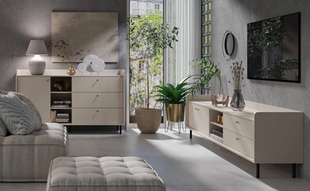 TV Schrank Ferdi 210 cm sandbeige minimalistisches Design Schrank mit Schubladen elegante goldene Griffe und hohe Top-Ränder