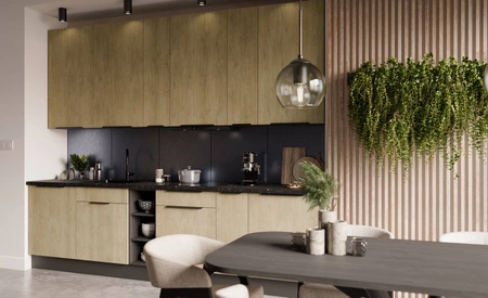 Küchenmöbel Set Corsico 300 cm elegante Küchenschränke mit Metallkantengriffen Schrank mit Ladekorb