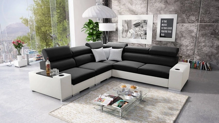 Ecksofa mit Schlaffunktion Provo III schwarz / weiß linkes Ecksofa mit Bettzeugablage und verstellbaren Kopfstützen