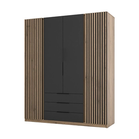 Kleiderschrank Kastano IV 200 cm Eiche evoke / schwarz modernes Design Kleiderschranktür mit Eiche evoke Lamellen dekoriert Metallgriffe