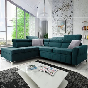 Ecksofa mit Schlaffunktion Rava III azurblaues Linksseiten-Samtecksofa mit verstellbaren Kopfstützen und Bettzeugcontainer