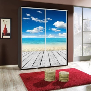 Artistino 155 cm Schiebeschrank mit Strandgrafik wengefarbener Schrankkorpus aus 22 mm starker Platte