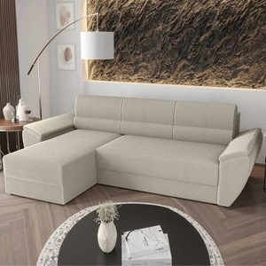 Ecksofa mit Schlaffunktion Fogu II Elfenbein linke Seite stilvolles Ecksofa mit bequemen Armlehnen und Bettzeugcontainer