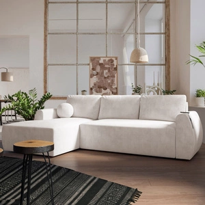 Ecksofa mit Schlaffunktion Colio creme linke Seite stilvolles Ecksofa mit interessanter Form Veloursstoff Zierkissen Ball