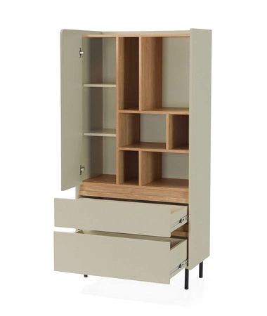 Bücherregal mit Schubladen Paguro 80 cm sandbeige/geölte Eiche elegantes Design stabile hohe Beine Bücherregal mit Türen und Schubladen