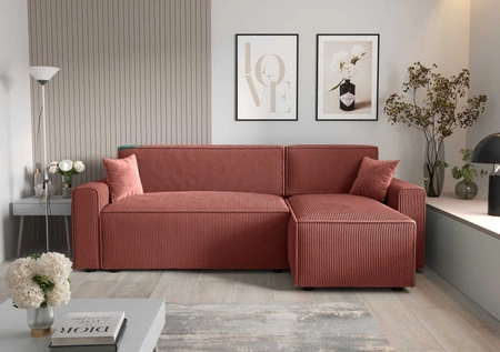 Ecksofa mit Schlaffunktion Brandon Bis Indian Pink rechte Ecke dreidimensionaler Stoff mit ausdrucksstarken Streifen Bettzeug Container