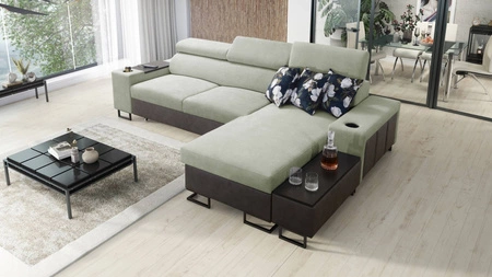 Ecksofa mit Schlaffunktion Flavio mint / graphit rechts elegantes Ecksofa mit einer seitlich zu öffnenden Verlängerungsstange des Möbels