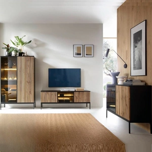 Möbelset Amma schwarz / Eiche wotan unkonventionelles Design push to open system verglaste Elemente der Schrankwand geschmackvolle geriffelte Fronten