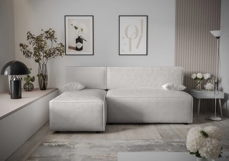 Ecksofa mit Schlaffunktion Brandon Elfenbein linke Ecke dreidimensionaler Stoff mit ausdrucksstarken Streifen Bettzeugbehälter